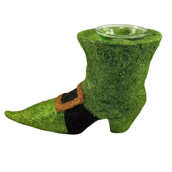 Halloween Witchs Boot Tealight Candleholder Green Black Orange Glitter Swirl New - Picture 3 of 7